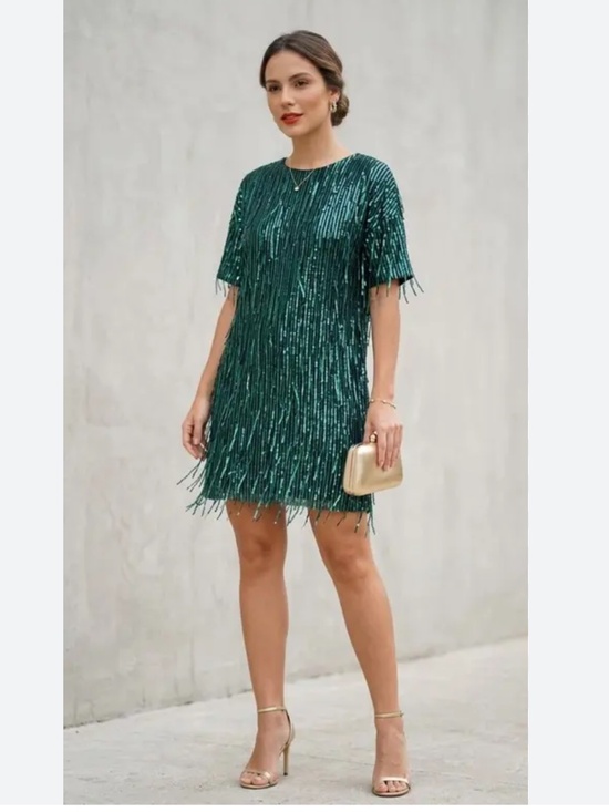 Zara Dresses & Skirts - Zara Emerald Green Sequin Fringe Mini Dress